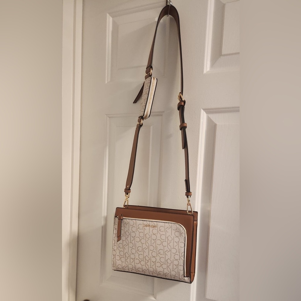 Calvin Klein Brown and Cream Crossbody Bag with Monogram Design